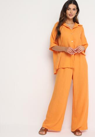 Pomarańczowy Komplet 2-Częściowy Koszula o Luźnym Kroju Szerokie Spodnie z Gumką w Talii Vimitha