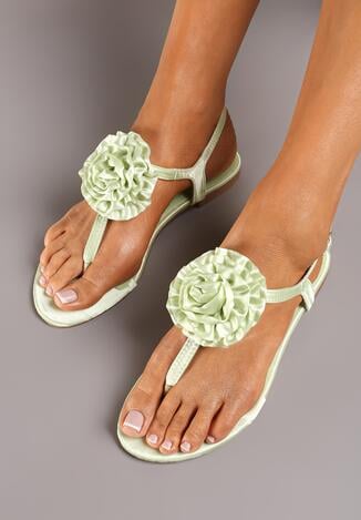 Zielone Płaskie Sandały Japonki Ozdobione Kwiatem Candrea