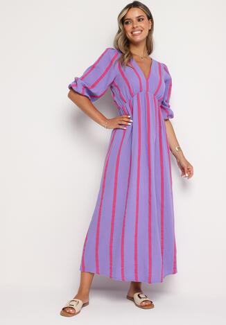 Fioletowa Taliowana Sukienka z Bawełny z Motywem Pasków Rivettes