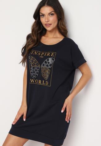 Granatowa Sukienka w Stylu T-Shirt z Nadrukiem Ozdobionym Cyrkoniami Kelifea