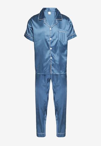 Niebieski Satynowy Komplet Piżamowy Bluzka z Krótkim Rękawem na Guziki i Długie Spodnie Rivasiel
