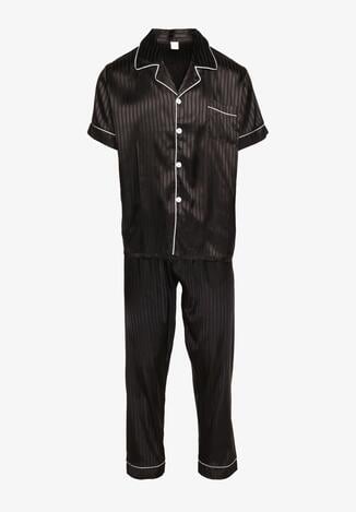Czarny Satynowy Komplet Piżamowy Bluzka z Krótkim Rękawem na Guziki i Długie Spodnie Rivasiel