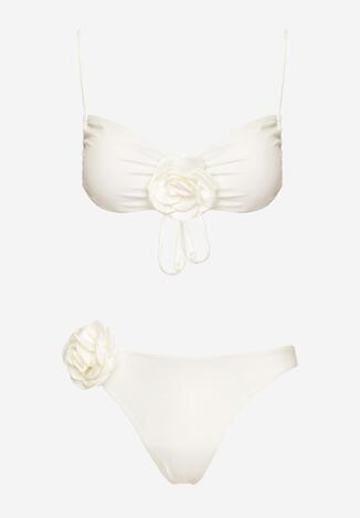Białe Bikini Klasyczny Biustonosz i Figi Ozdobione Kwiatową Aplikacją Rivaeria