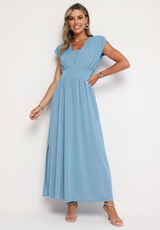 Jasnoniebieska Rozkloszowana Sukienka z Gumką w Talii Zdobiona Metaliczną Nicią Fagelia