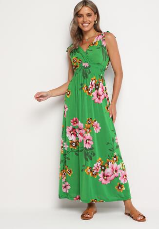 Zielona Rozkloszowana Sukienka w Kwiaty z Wiązaniami na Ramionach Saloa