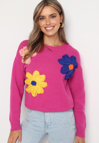 Różowy Sweter z Wiskozą Wykończony Aplikacjami Kwiatów 3D Morivia