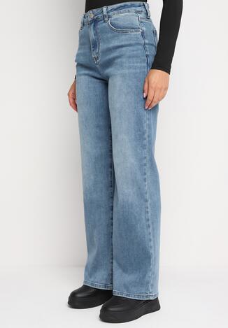 Niebieskie Jeansy z Dodatkiem Bawełny o Szerokich Nogawkach z Wysokim Stanem Navian