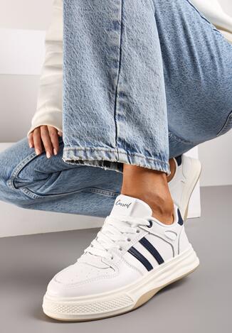 Biało-Niebieskie Sneakersy na Płaskiej Podeszwie Ozdobione Paskami Noraria