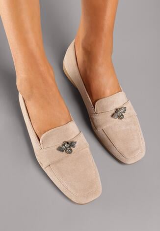 Ciemnobeżowe Płaskie Mokasyny Ozdobione Aplikacją 3D Evinda