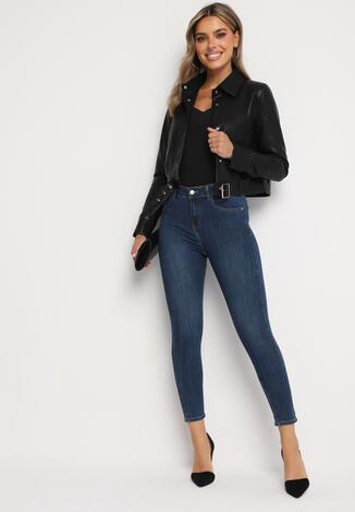 Niebieskie Dopasowane Jeansy z Wysokim Stanem i Dodatkiem Bawełny Eviraens