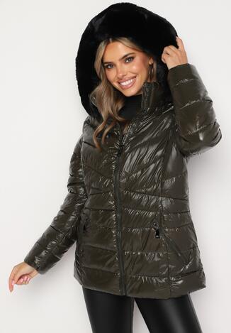Zielona Kurtka z Pikowaniem i Futerkiem Przy Kapturze Nejlo