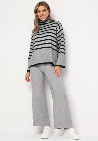 Szaro-Czarny Komplet z Wiskozą i Modalem Golf w Paski z Rozcięciami Spodnie z Gumką w Pasie Mevyn