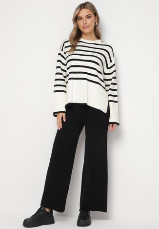 Biało-Czarny Komplet z Wiskozą i Modalem Bluzka w Paski z Guzikami i Szerokimi Spodniami Nevenale