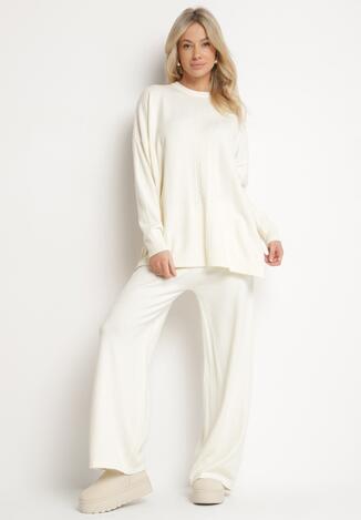 Jasnobeżowy Komplet z Modalem i Wiskozą Sweter z Rozcięciami Spodnie z Gumką w Pasie Nevetalla