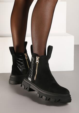 Czarne Botki za Kostkę z Ozdobnym Suwakiem i Taśmą z Napisem Rivilissa