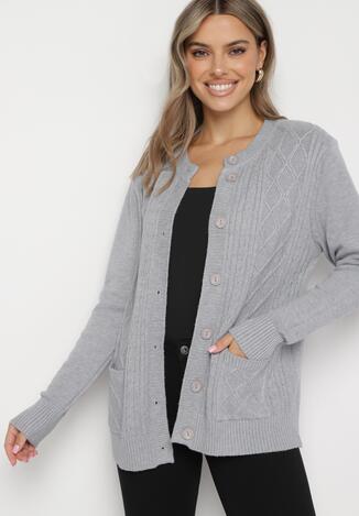 Szary Klasyczny Kardigan z Dodatkiem Bawełny na Guziki z Geometrycznym Tłoczeniem Mevasina