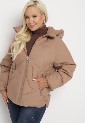 Ciemnobeżowa Pikowana Kurtka z Kapturem i Kieszeniami na Suwak Terisandre