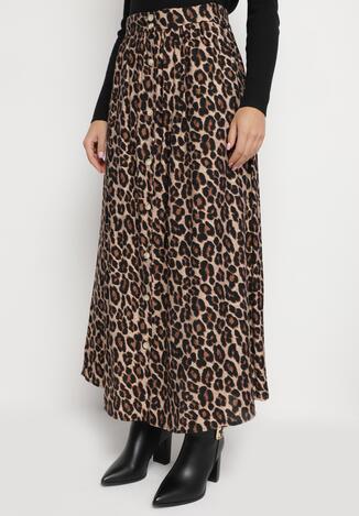 Brązowa Panterkowa Spódnica z Wiskozy z Dodatkiem Lnu Wysokim Stanem i Gumką w Pasie Madila