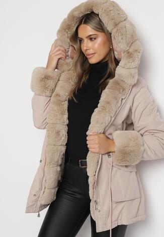 Beżowa Kurtka w Stylu Parki Ściągana w Pasie z Futerkiem Arrelisya