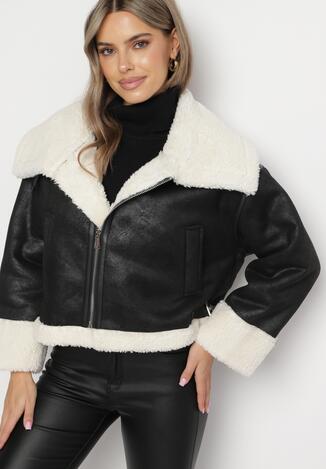 Czarna Kurtka w Stylu Ramoneski Biker z Futerkiem na Kołnierzu i Rękawach Arreita