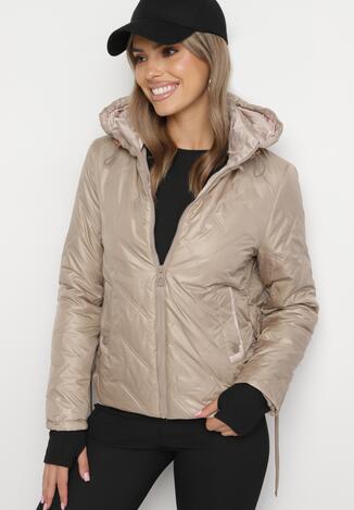 Beżowa Kurtka Lekko Pikowana z Odpinanym Kapturem i Suwakiem Meridele