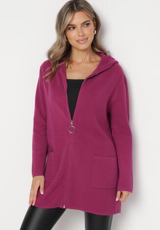 Fioletowy Kardigan z Bawełną i Wiskozą na Suwak z Kapturem i Kieszeniami Merisandri