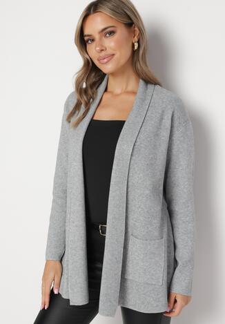 Szary Klasyczny Kardigan z Bawełną i Wiskozą oraz Kieszeniami Velariana