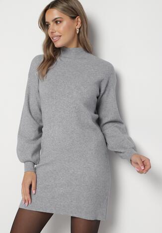 Szara Sweterkowa Sukienka Ozdobiony Stójką i Ściągaczami Vetiora