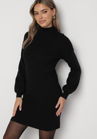 Czarna Sweterkowa Sukienka Ozdobiony Stójką i Ściągaczami Vetiora