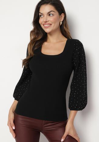 Czarny Sweter z Lekko Bufiastymi Rękawami o Długości 7/8 z Cyrkoniami Irissi