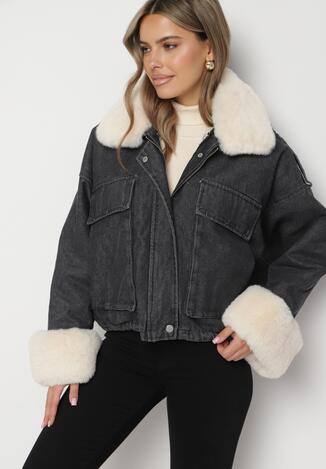 Ciemnoszara Kurtka Jeansowa z Futerkiem i Bawełną Sisirra