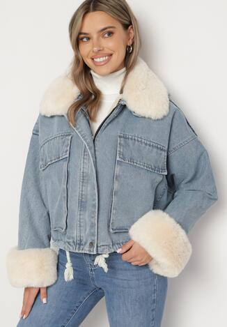 Niebieska Kurtka Jeansowa z Futerkiem i Bawełną Sisirra