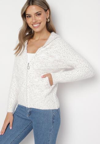 Biały Zasuwany Kardigan z Wełną w Melanżowy Wzór z Kapturem Daithy