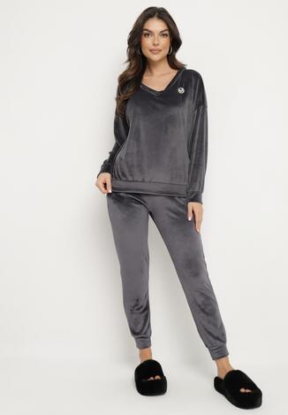 Szary Komplet Dresowy z Wiskozy Bluza z Odpinaną Broszką Spodnie ze Ściągaczami Vesida