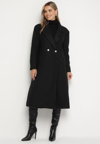 Czarny Dwurzędowy Płaszcz Zapinany na Guziki ze Wsuwanymi Kieszeniami Teriala