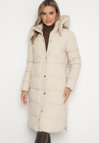 Jasnobeżowa Pikowana Kurtka z Odpinanym Kapturem Ozdobiona Suwakami Zairens