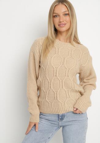 Beżowy Sweter z Wełną Ozdobiony Splotem i Ściągaczami Terevella
