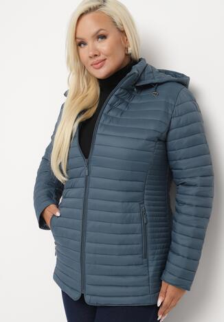 Ciemnoniebieska Kurtka Pikowana z Odpinanym Kapturem i Kieszeniami na Suwaki Mailina
