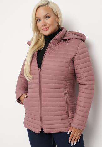 Różowa Kurtka Pikowana z Odpinanym Kapturem i Kieszeniami na Suwaki Mailina