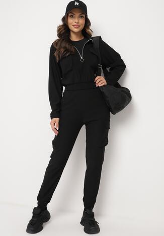 Czarny Komplet Dresowy z Bluzą o Krótkim Fasonie i Spodniami Typu Jogger z Kieszeniami Riavirae