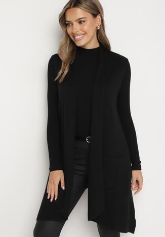 Czarna Niezapinana Kamizelka z Wiskozą i Bawełną o Asymetrycznym Kroju z Kieszeniami Tialisea