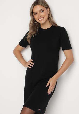 Czarna Dzianinowa Sukienka z Wiskozą o T-shirtowym Kroju z Ozdobnymi Guziczkami Arissana