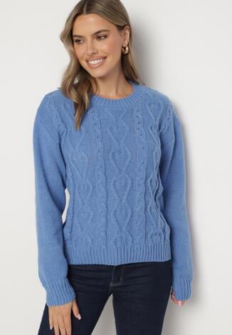 Niebieski Sweter z Wełną Ściągaczem i Tłoczeniem Riavonnae