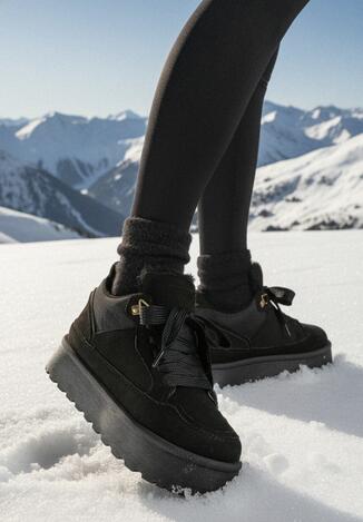 Czarne Sznurowane Sneakersy na Grubej Podeszwie z Futerkiem Vaitaly