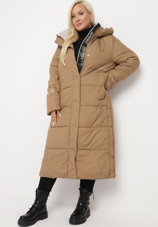 Ciemnobeżowa Pikowana Kurtka o Pudełkowym Fasonie z Kapturem i Zasuwanymi Rozcięciami Kaimirra