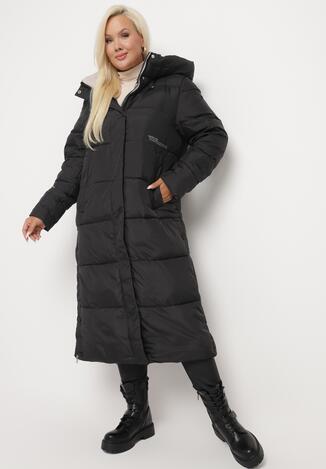 Czarna Pikowana Kurtka o Pudełkowym Fasonie z Kapturem i Zasuwanymi Rozcięciami Kaimirra