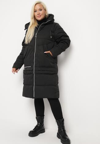 Czarna Kurtka Pikowana z Suwakiem i Ozdobnym Paskiem na Kieszeni Vailla