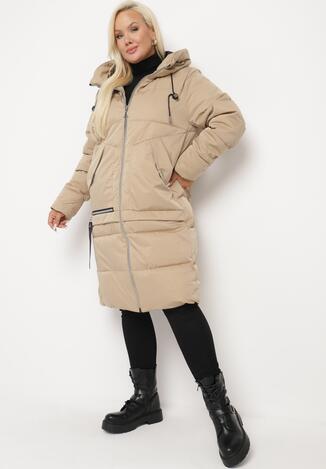 Ciemnobeżowa Kurtka Pikowana z Suwakiem i Ozdobnym Paskiem na Kieszeni Vailla