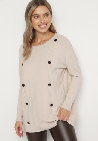 Beżowy Sweter Ozdobiony Guzikami Labiona