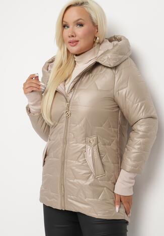 Beżowa Pikowana Kurtka z Kapturem i Ozdobnymi Ściągaczami przy Rękawach Florielle